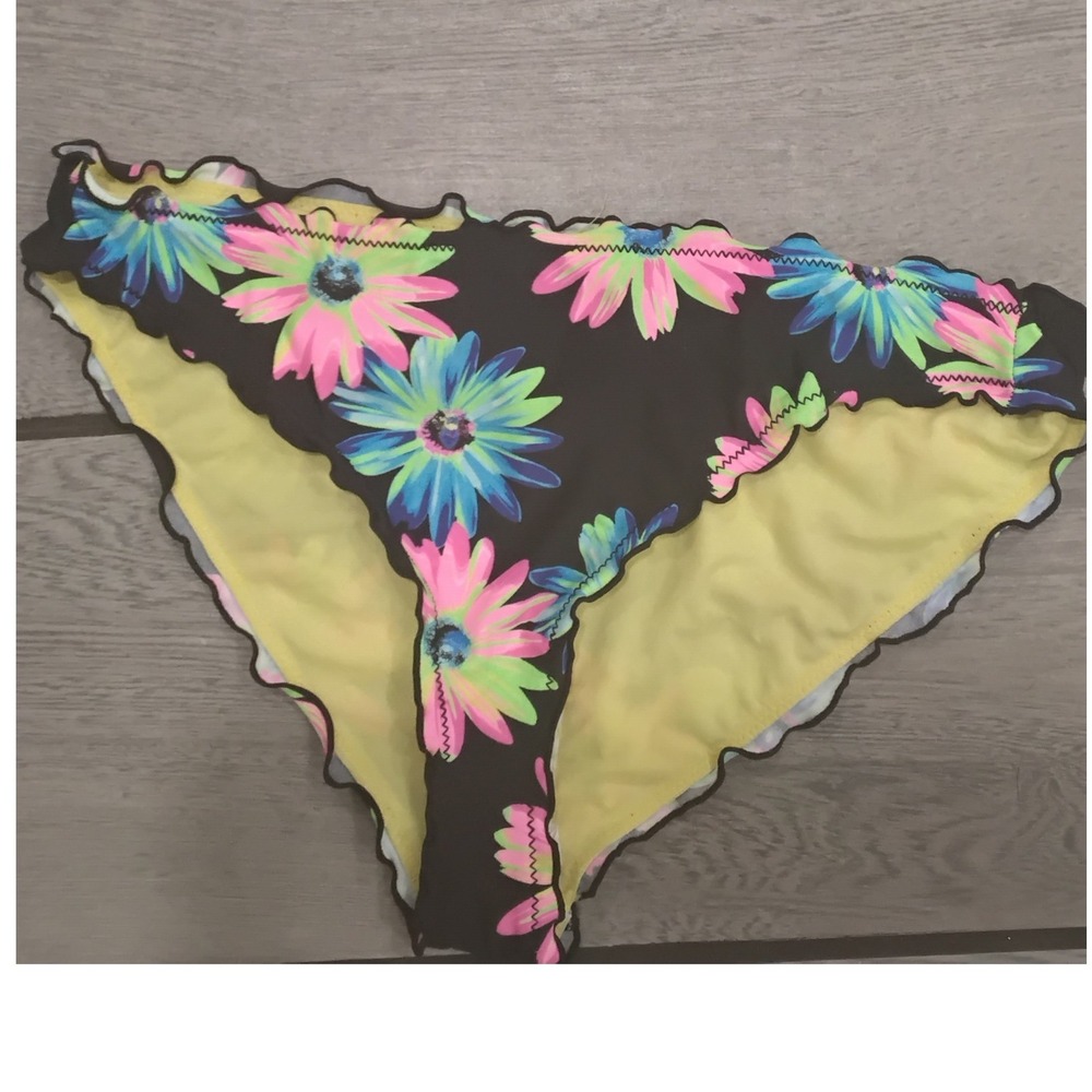Macy's Floral Lettuce Edge Bikini Bottoms Neon Daisy Print Black Multi CW22231B